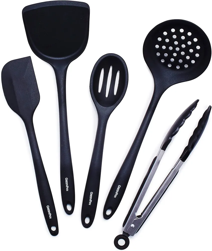 GreenPan 5 Piece Cooking Utensil Set, Flexible Nonstick Silicone, Stain-Free, Tongs, Turner, Spatula, Skimmer, and Slotted Spoon, Black