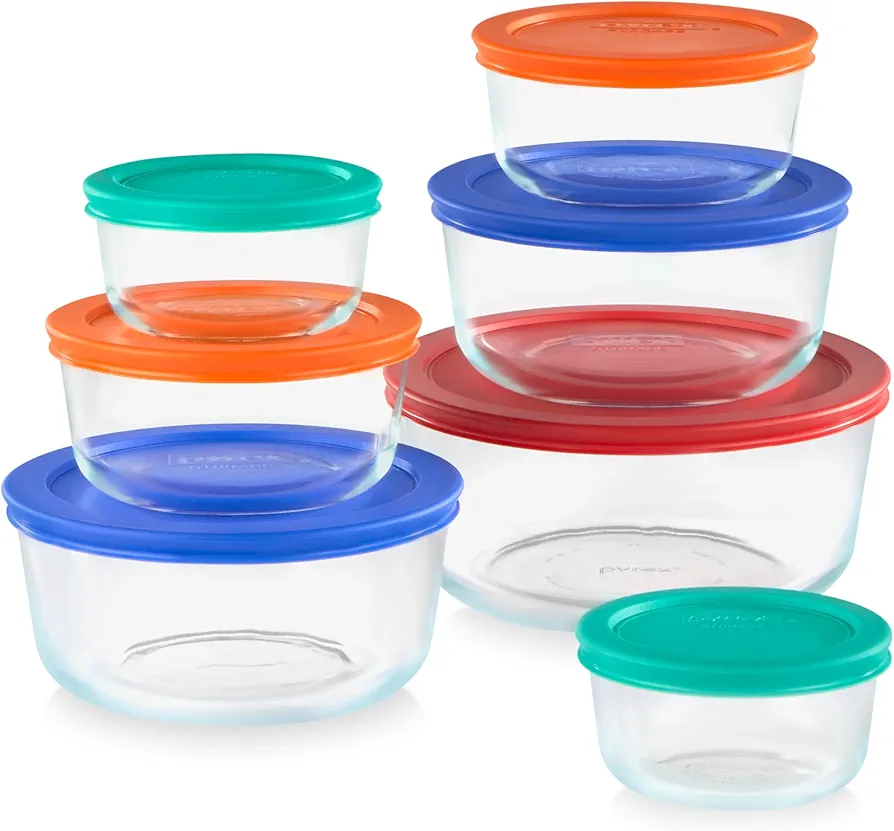 Pyrex 14-Pc Glass Food Storage Set - 7, 4, 2 & 1-Cup Round Containers with Lids - BPA-Free, Dishwasher & Microwave Safe