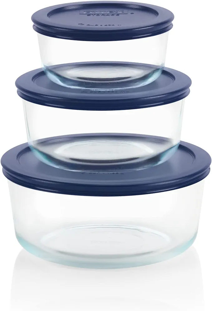 Pyrex Simply Store 3-Pack (2, 4 & 7 Cup) Large Round Glass Food Storage Set with BPA-Free Lids, Dishwasher, Microwave & Freezer Safe