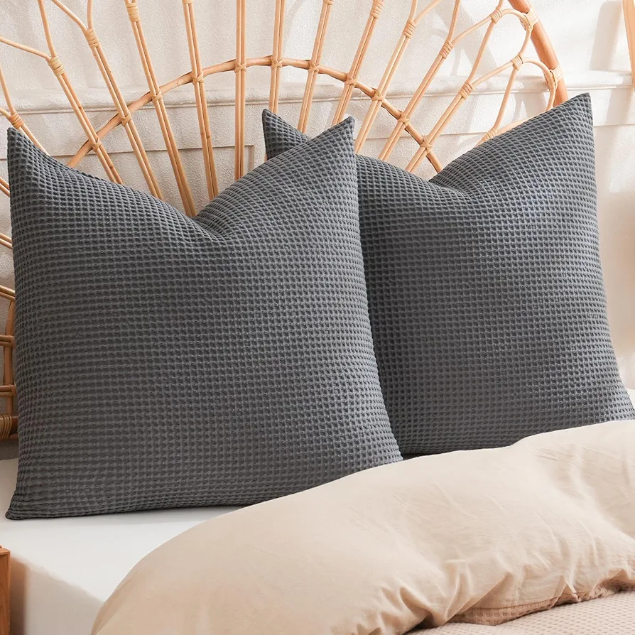 PHF 100% Cotton Waffle Weave Throw Pillow Cover, 18" x 18", No Insert, 2 Pack Elegant Home Decorative Square Throw Pillow Covers for Bed Couch Sofa, Charcoal Grey