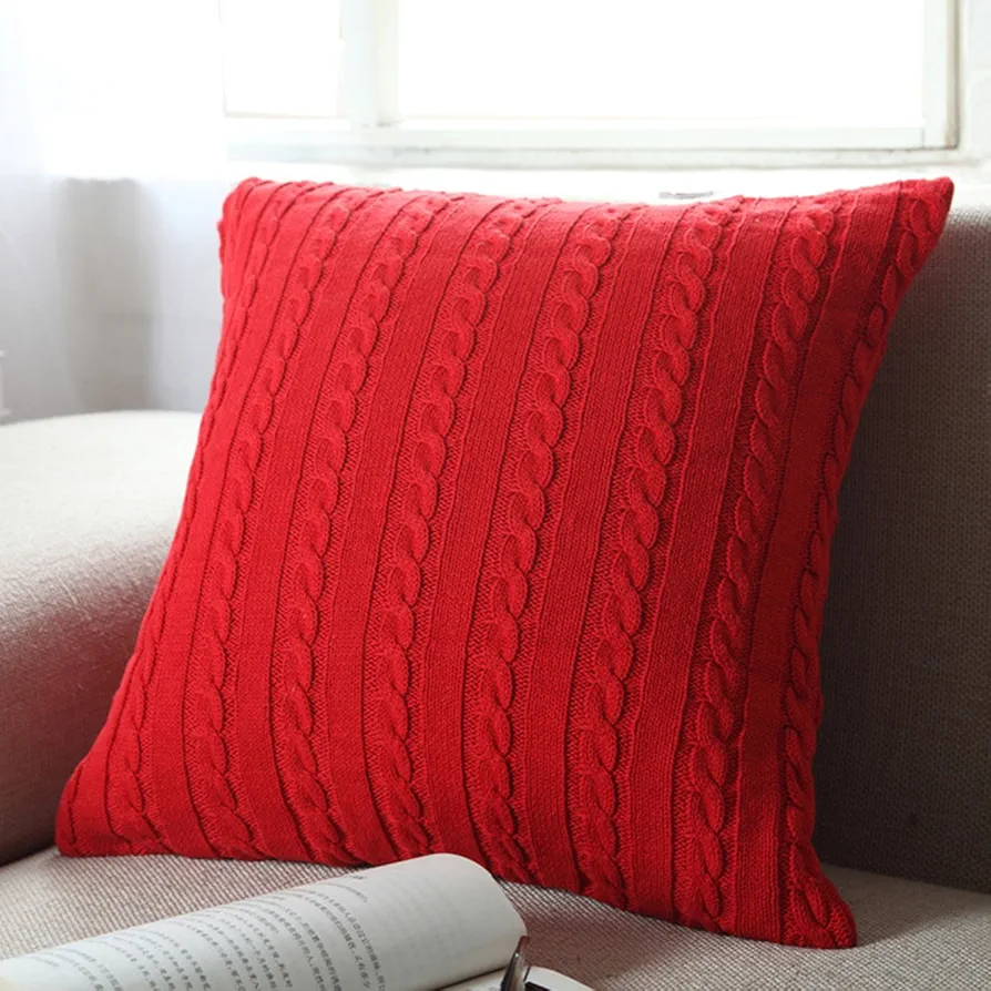 Cotton Knitted Decorative Soft Warm Throw Pillow Case Cushion Cover Home Decor Pillow Cover with Buttons 18" x 18" (Cover Only, Red)