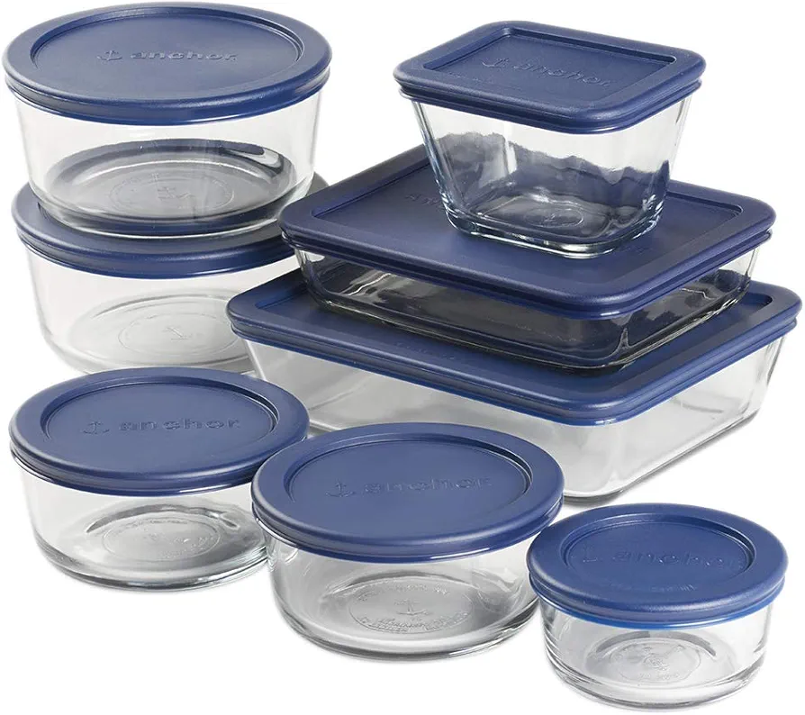 Anchor Hocking 16 Piece Glass Storage Containers with Lids (8 Glass Food Storage Containers & 8 Navy Blue SnugFit Lids)