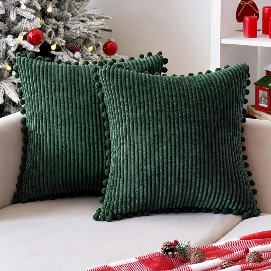 ANRODUO Pack of 2 Christmas Green Boho Decorative Pillow Covers with Pom-poms Pillow Covers 18x18 Corduroy Cushion Case Cute and Soft Square Throw Pillows for Bed Couch Sofa Living Room Home Decor