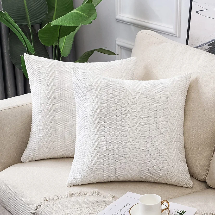 LiBcmlian White Knitted Throw Pillow Covers 18x18 Set of 2 Cotton Pillow Cushion Cases Cable Knit Decoration Square Pillowcases for Couch Sofa Bedroom Living Room Car