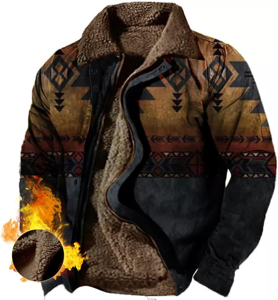 Men's Aztec Western Jackets Cowboy Winter Warm Sherpa Fleece Coats Retro Ethnic Vintage Casual Long Sleeve Jacket