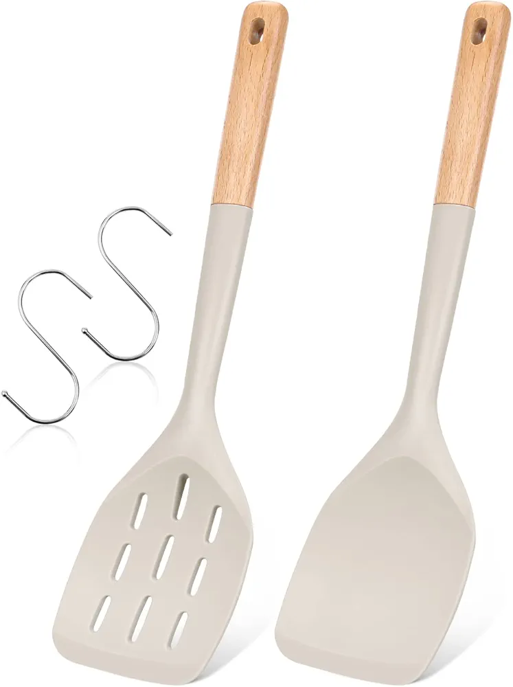 Pack of 2 Silicone Spatula, Non Stick Cooking Utensil Set Wooden Handle Kitchen Turner for Baking Mixing Grilling Serving Food Heat Resistant Non Scratch Hooks Included (Khaki)