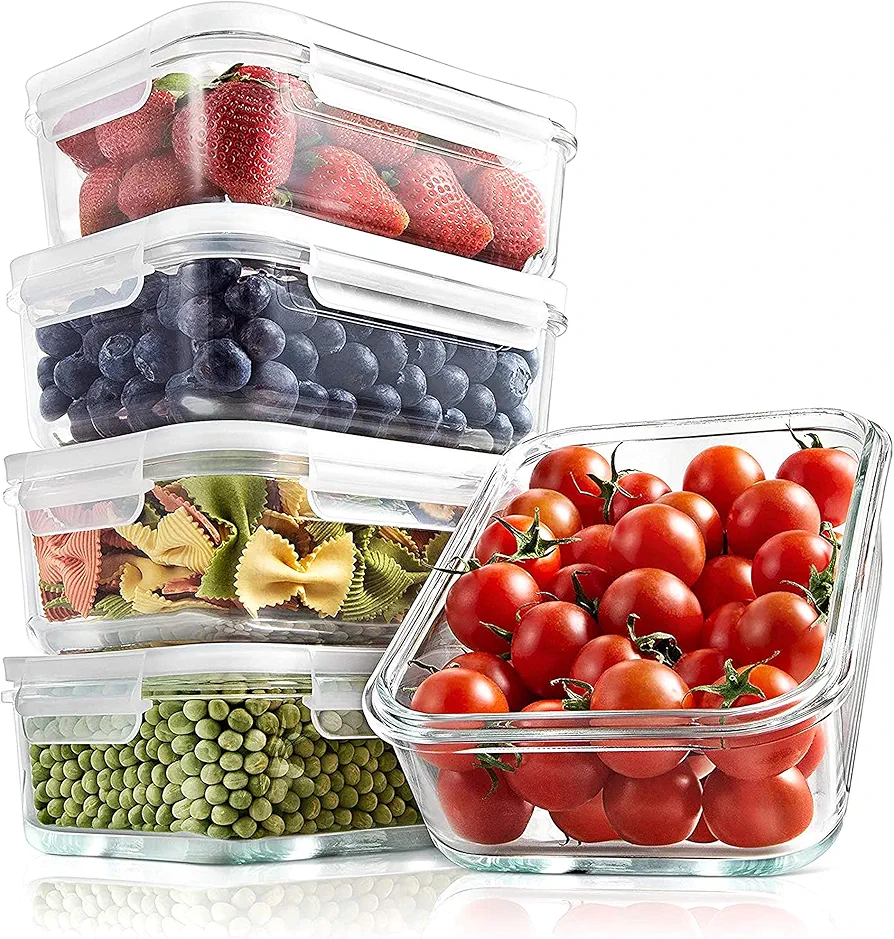 NutriChef 10-Piece Superior Glass Food Storage Containers Set (5 Containers + 5 Locking Lids),Stackable Meal-prep Design, BPA-free Airtight Clear Locking lids with Vent Lids & Air Hole, NCCLX5