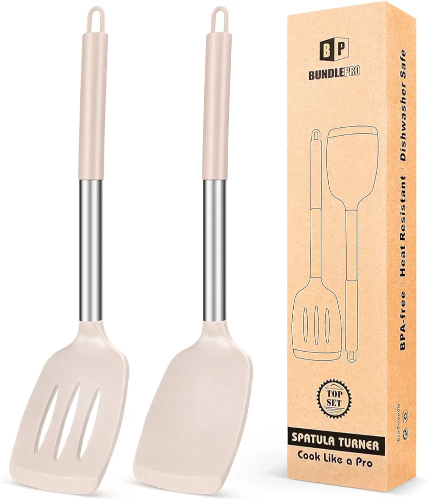 Pack of 2 Silicone Solid Turner, Non Stick Slotted Kitchen Spatulas, High Heat Resistant BPA Free Cooking Utensils, Ideal Cookware for Fish, Eggs, Pancakes(Stainless Steel Khaki)