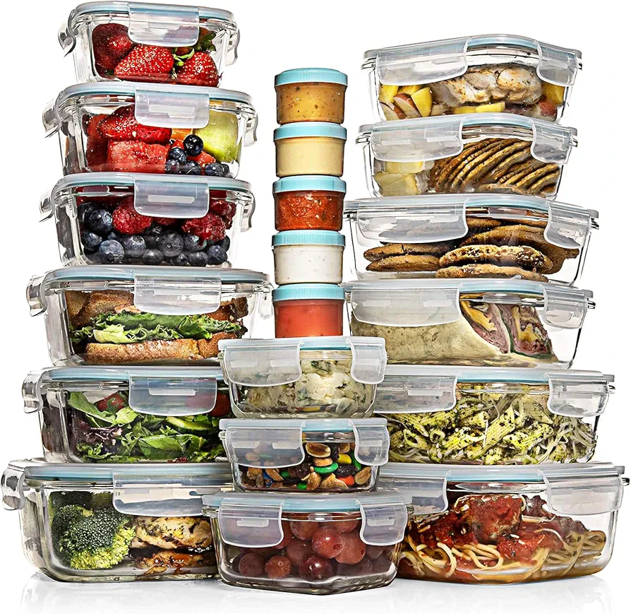 Razab 35 Pc Set Glass Food Storage Containers with Lids - Meal Prep Airtight Bento Boxes BPA-Free 100% Leak Proof (15 lids,15 glass & 5 Plastic Sauce/Dip Containers)