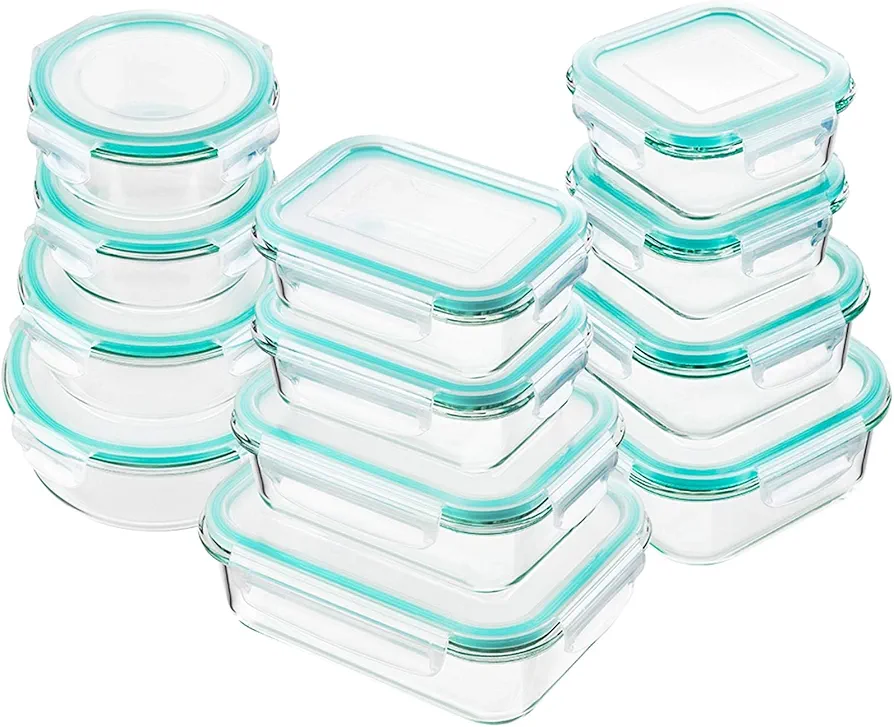 Bayco Glass Food Storage Containers with Lids, [24 Piece] Meal Prep, Airtight Bento Boxes, BPA Free & Leak Proof (12 lids & 12 Containers) - Blue