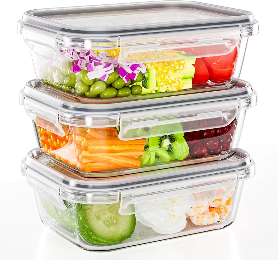 3-Pack 35 oz Borosilicate Glass Food Storage Containers with Lids, Stackable Airtight Glass Meal Prep Containers for Lunch & Leftover, BPA-Free & Leak Proof, for Microwave, Oven, Dishwasher