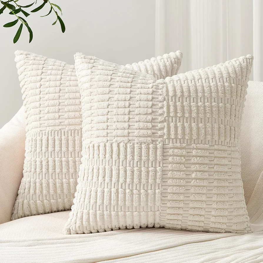 Topfinel Set of 2 Decorative Throw Pillow Covers 18x18 Inch Soft Corduroy Boho Textured Striped Patchwork Pillow Covers Farmhouse Rustic Home Decor for Spring Sofa Living Room Couch Bed Cream White