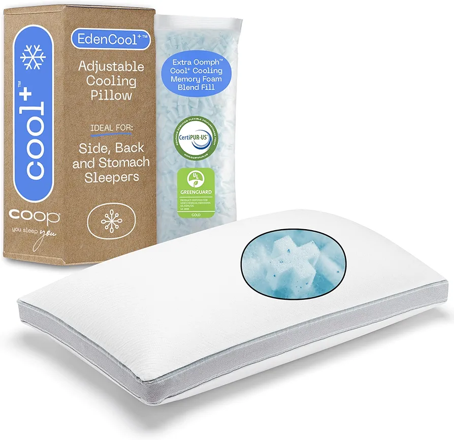 Coop Home Goods Eden Cool+ Adjustable Pillow, Queen Size Plus Shaped Memory Foam Pillows with Cooling Gel, Back, Stomach or Side Sleeper, Neck Support for Sleeping, CertiPUR-US/GREENGUARD Gold