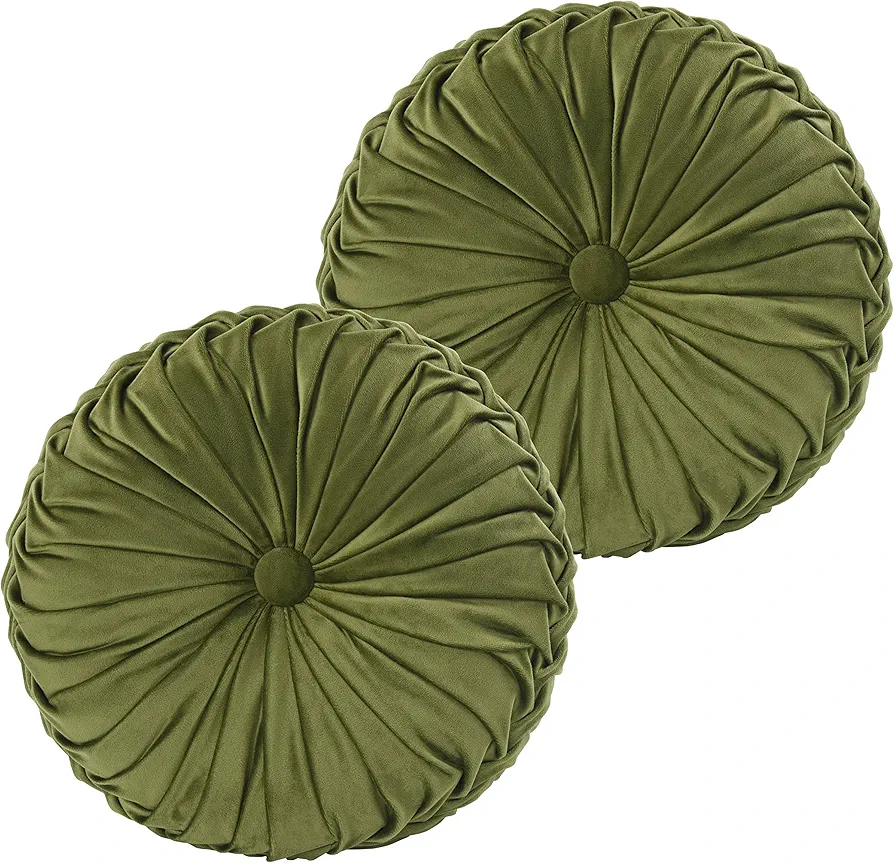 HIG Set of 2 Decorative Round Pleated Throw Pillows, Classy Accent Pumpkin Throw Pillows with Center Button, Vintage Velvet Floor Pillows for Sofa Couch Vanity Chair Bed, Olive, 14.5" Diameter(Ripple)