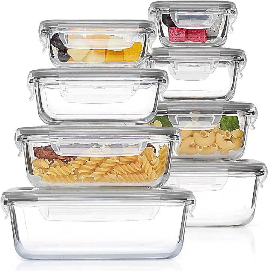 Vtopmart 8 Pack Glass Containers Set for Food Storage with Airtight Lids, Meal Prep Container Glass for Lunch, On the Go, Leftover, Freezer, Fridge, Microwave, Dishwasher Safe, BPA Free