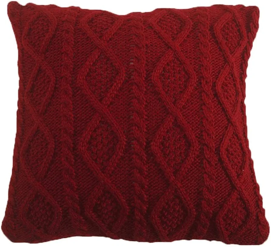 HiEnd Accents Cable Knit Wool Throw Pillow, 18x18 inch, Red Solid Color, Diamond Pattern, Sweater Style, Soft Cozy Luxury Decorative Pillow