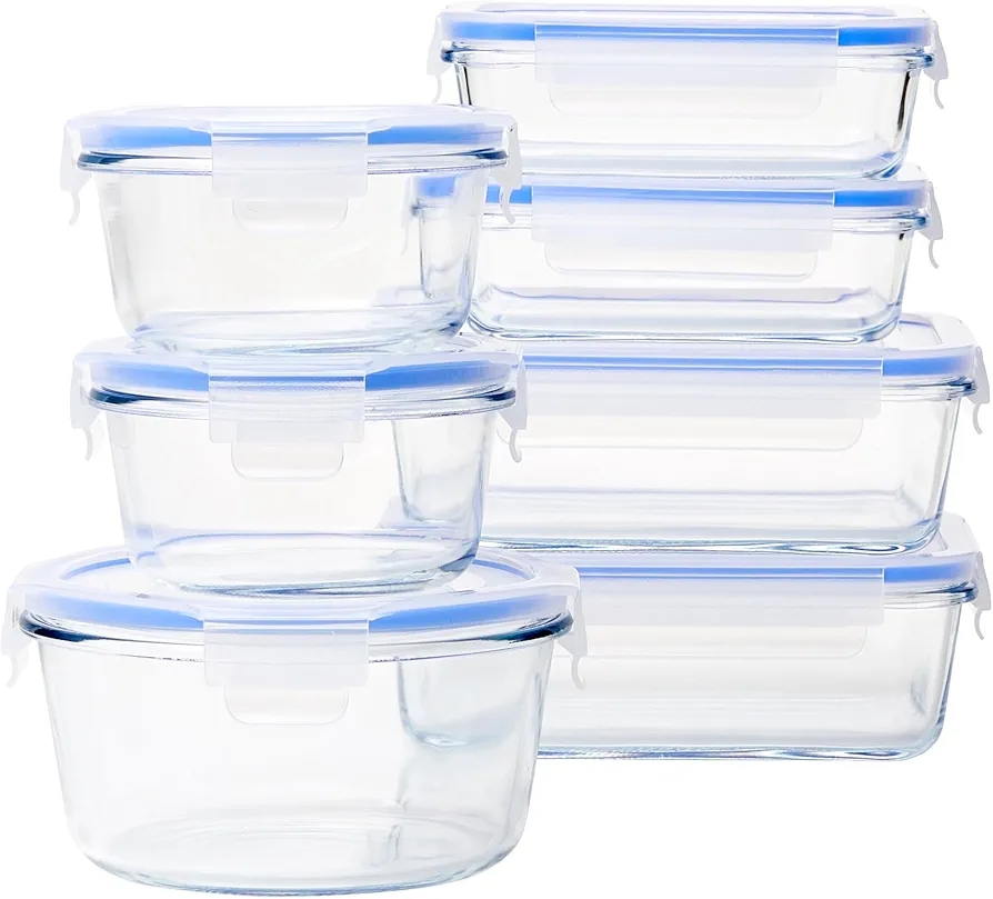 Amazon Basics Leak-Proof Glass Locking Lids Food Storage Containers, 14-Piece Set, 7 Count of Bases and 7 Plastic Lids, Clear, Blue, BPA Free, Dishwasher & Microwave Safe, for Meal Prep & Freezer